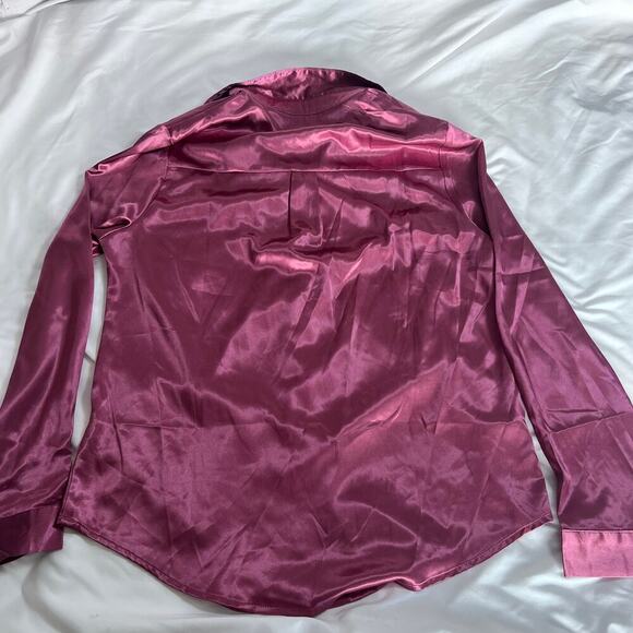 ✨Pausus Womens Small Blouse Pink Satin Silk Button Up Long Sleeve Shirt Top NWT - Picture 7 of 7